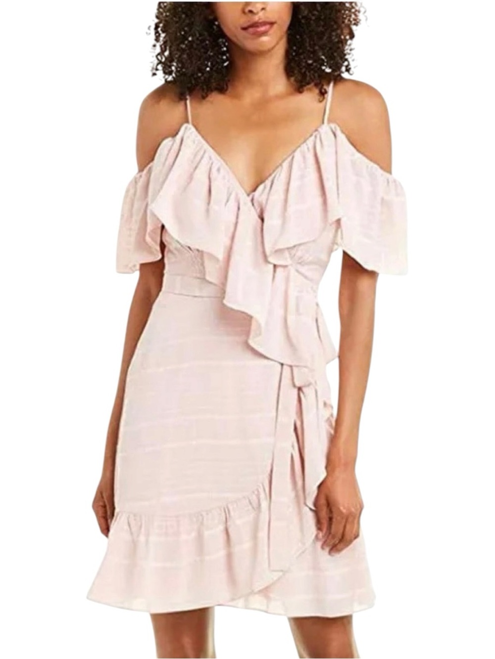 WAYF Cold-Shoulder mini Ruffle Wrap Dress blush stripe lined Women’s Sz Small.